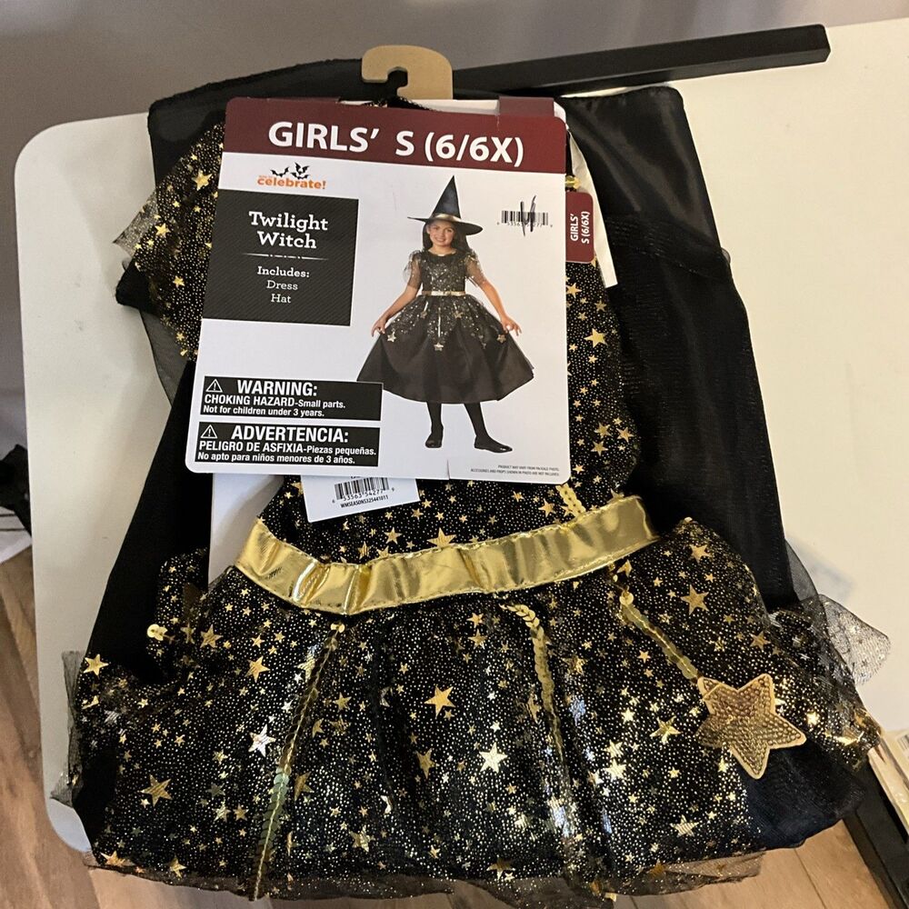 Celebrate! Girls Twilight Witch Costume Dress & Hat Glitter Black Gold Size 6